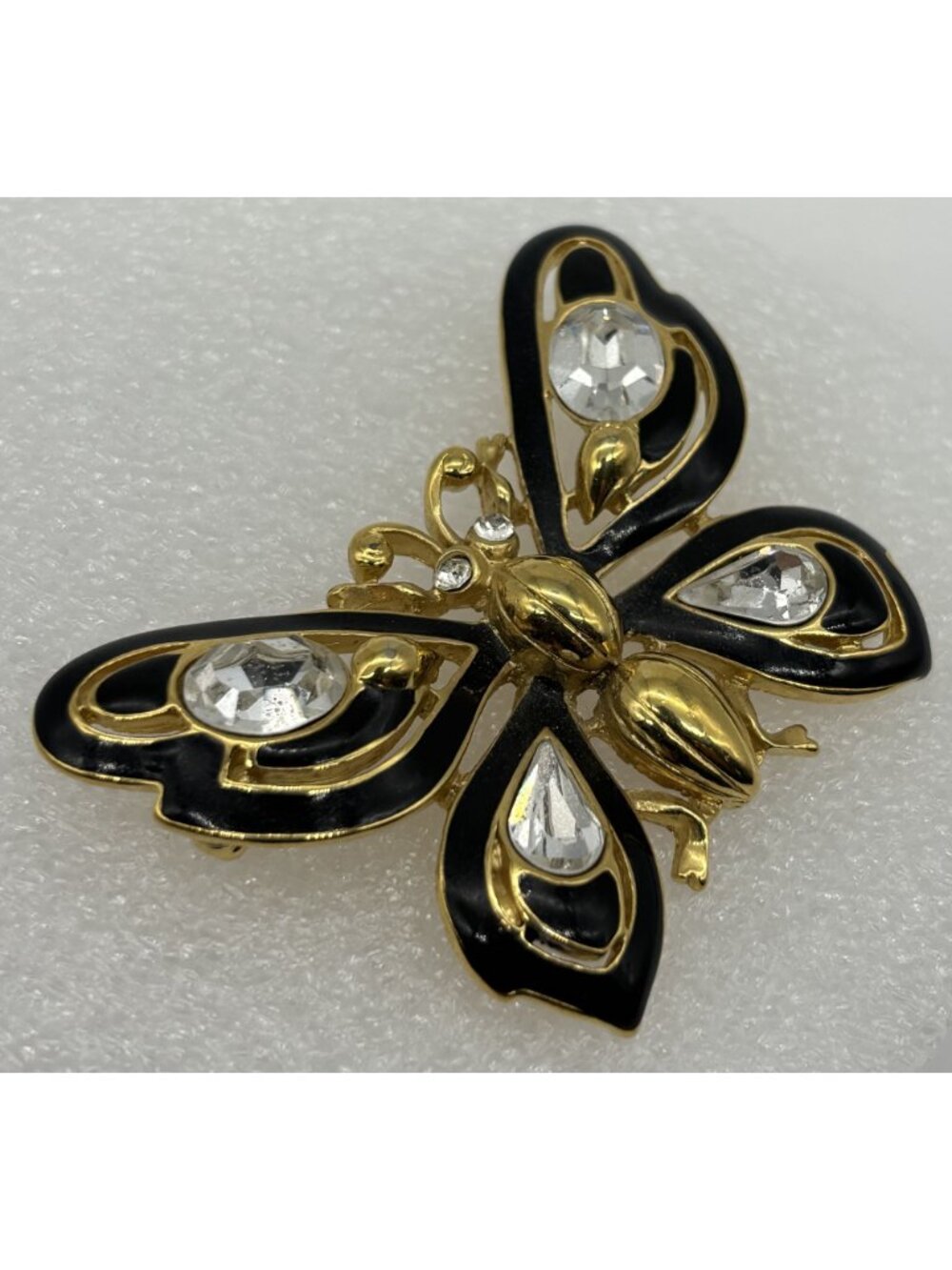 Vintage Trifari Butterfly Brooch Gold Tone Black Enamel Clear Rhinestones Signed - Picture 2 of 16